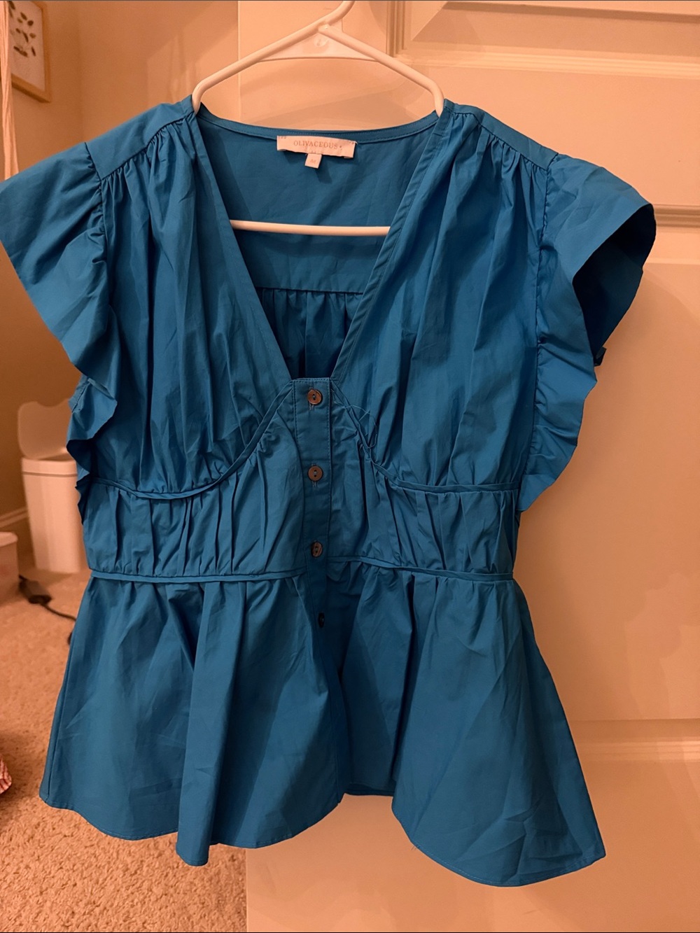 Olivaceous Vibrant Teal V-Neck Blouse
